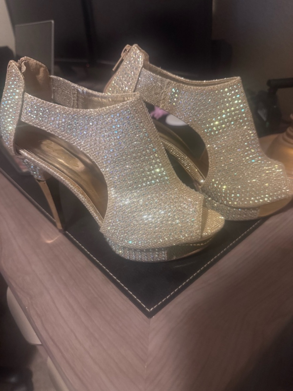 Celeste sexy dancer Gold Crystal Peep-Toe Stiletto Heels